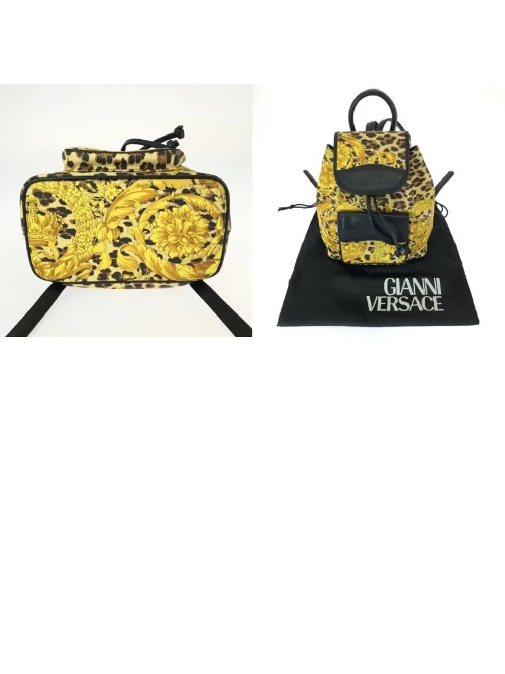 Versace Vintage Baroque Pattern Yellow Black Gold Leather Backpack